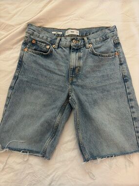 Mango Light Blue Frayed Denim Shorts